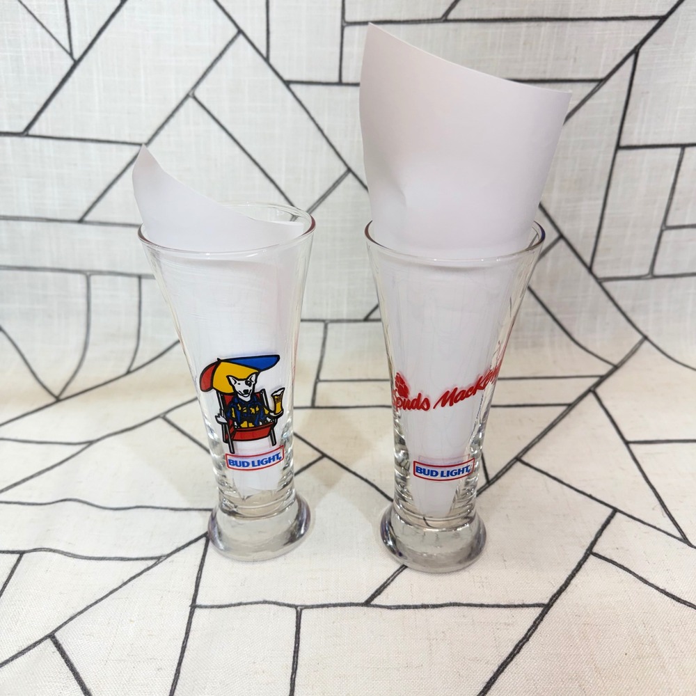 Bud Light Spuds MacKenzie Shot Glasses 6in Clear 1987 Vintage Pilsner Set of 2 - Picture 2 of 9